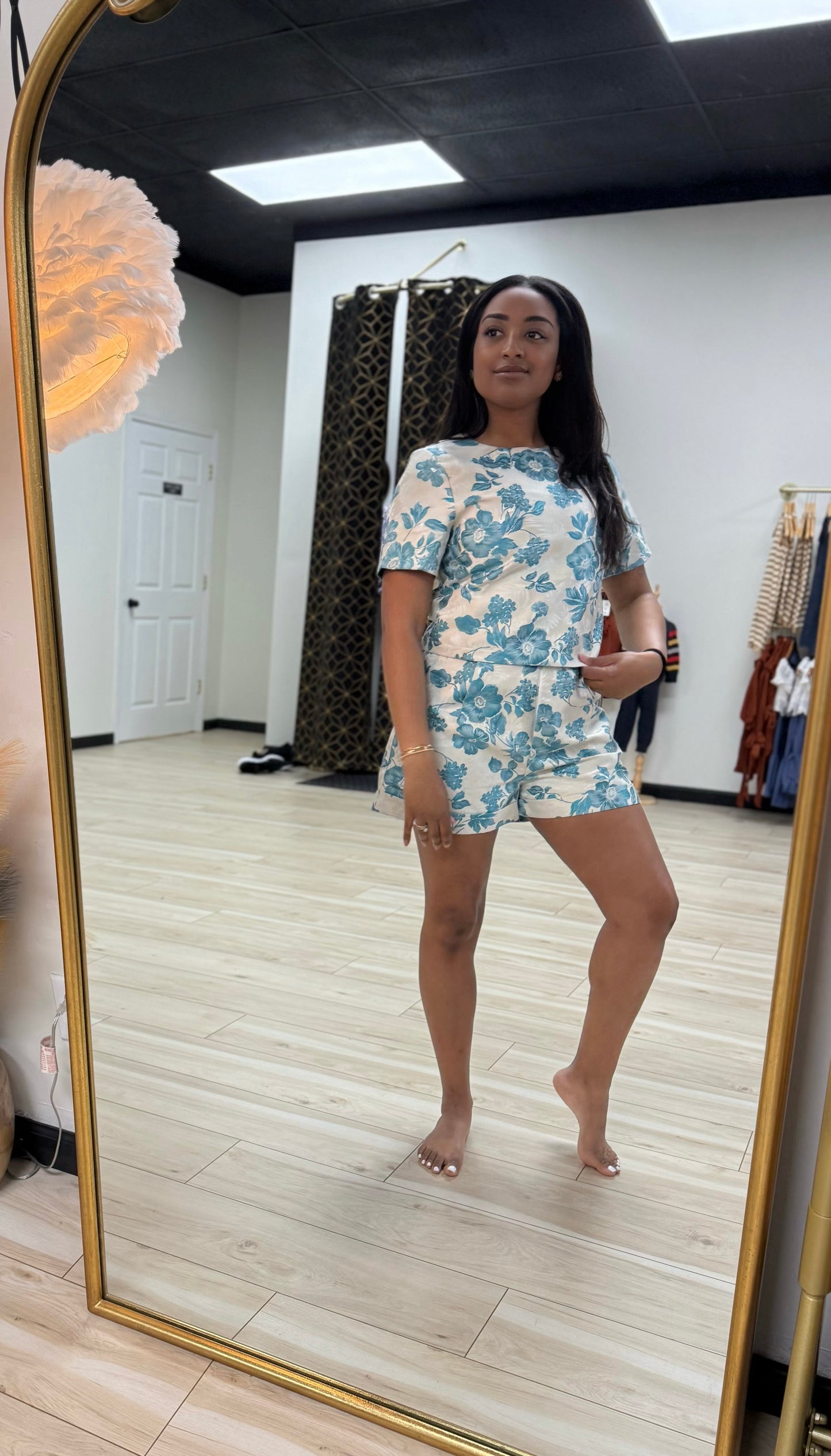 Blue Jacquard Flower Short Set