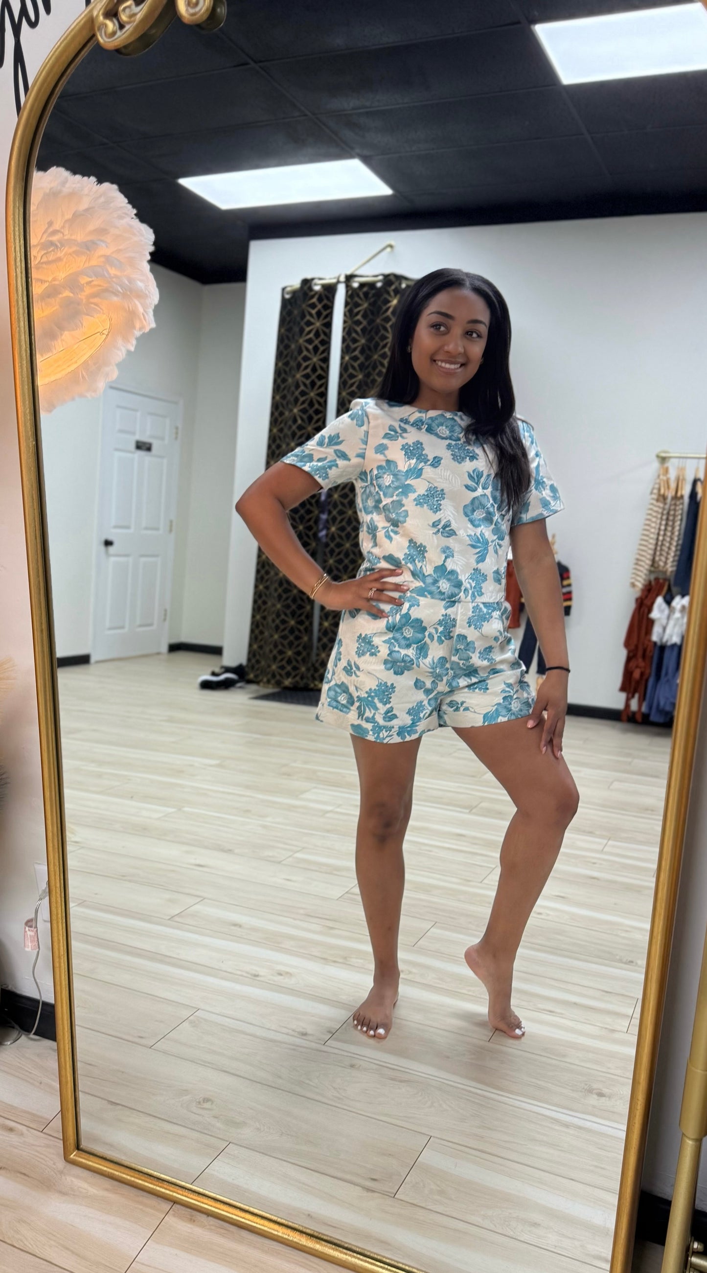 Blue Jacquard Flower Short Set