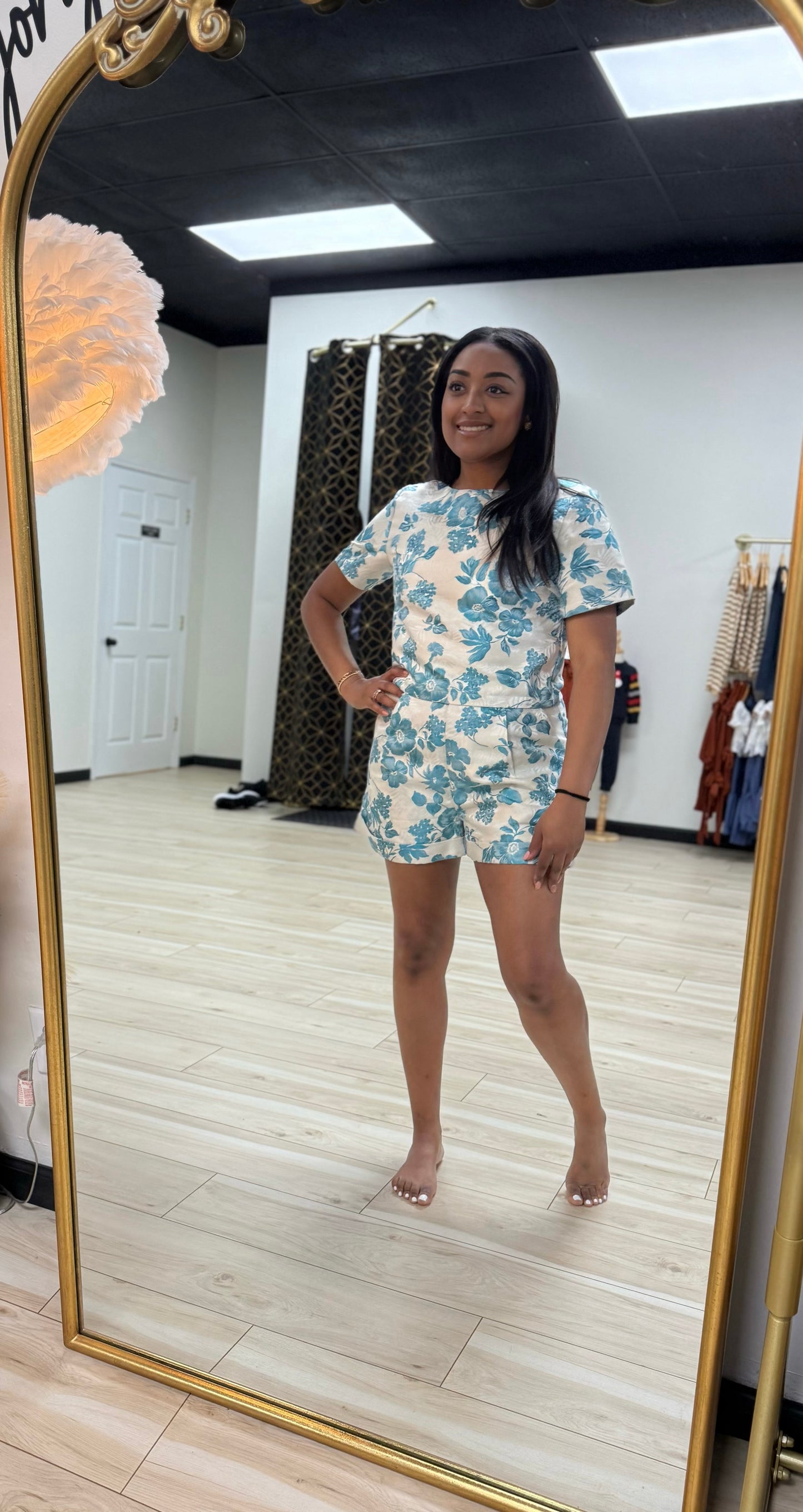 Blue Jacquard Flower Short Set