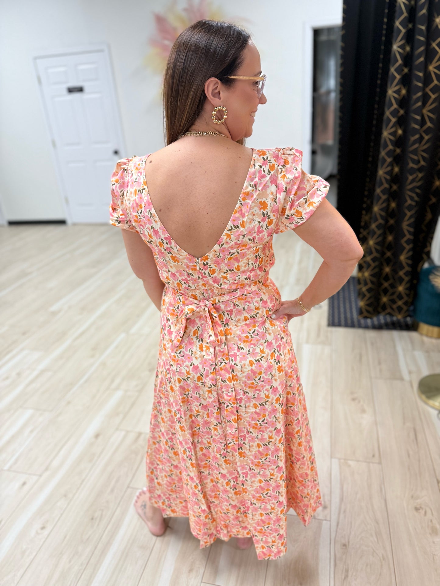 Flower Boat Neck Midi Dress