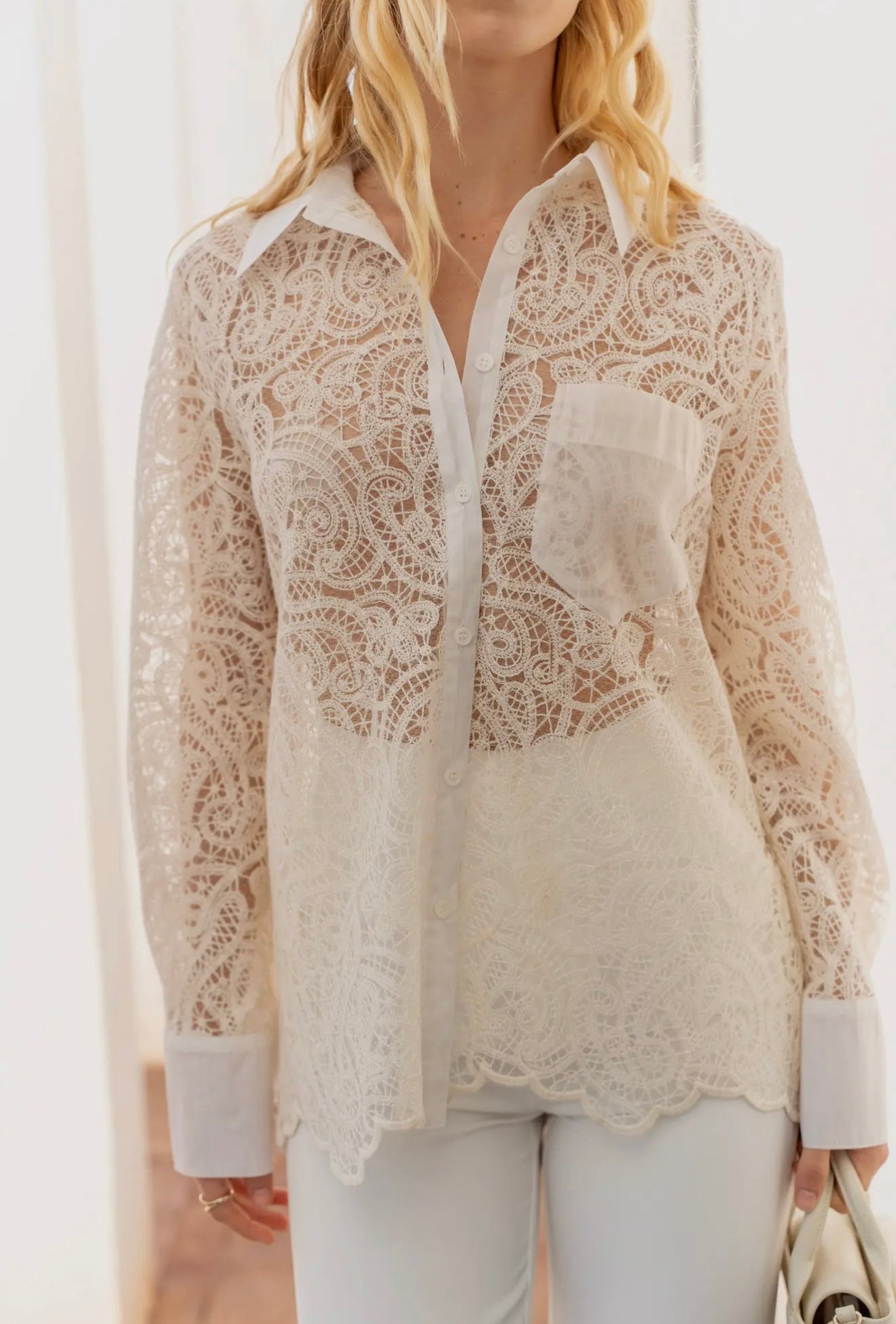 Lace Button Up w/Organza Detail