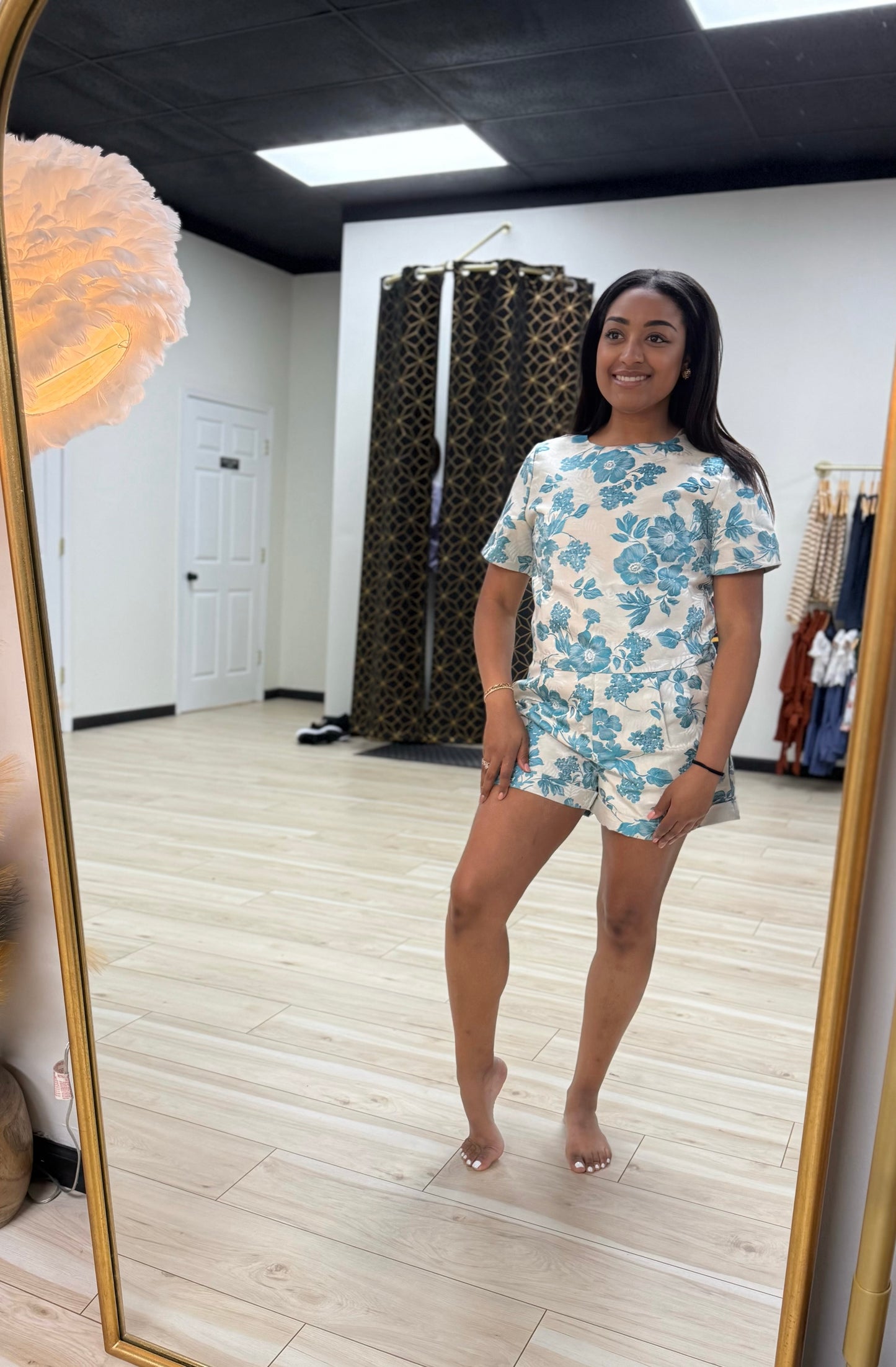 Blue Jacquard Flower Short Set