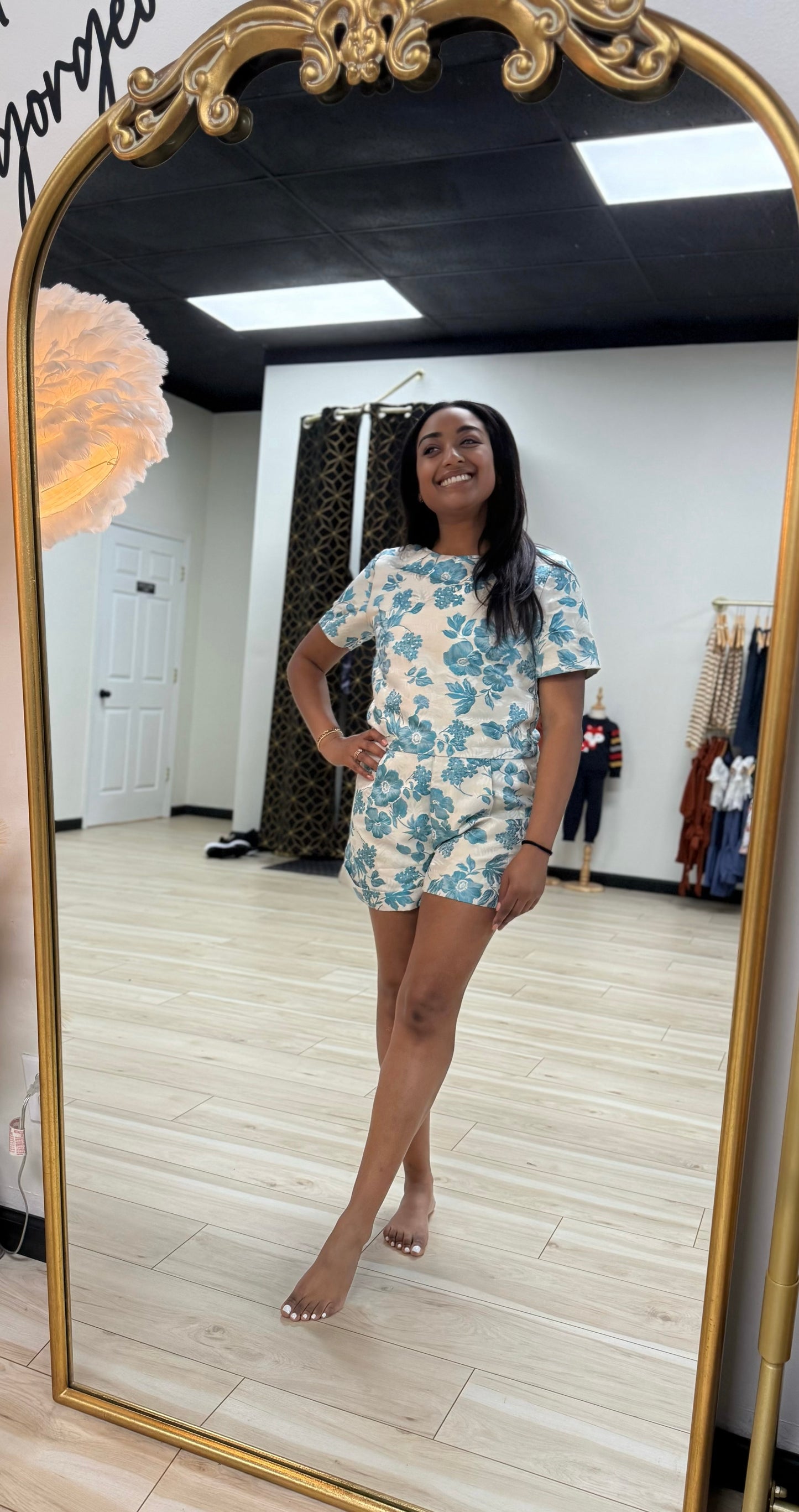 Blue Jacquard Flower Short Set
