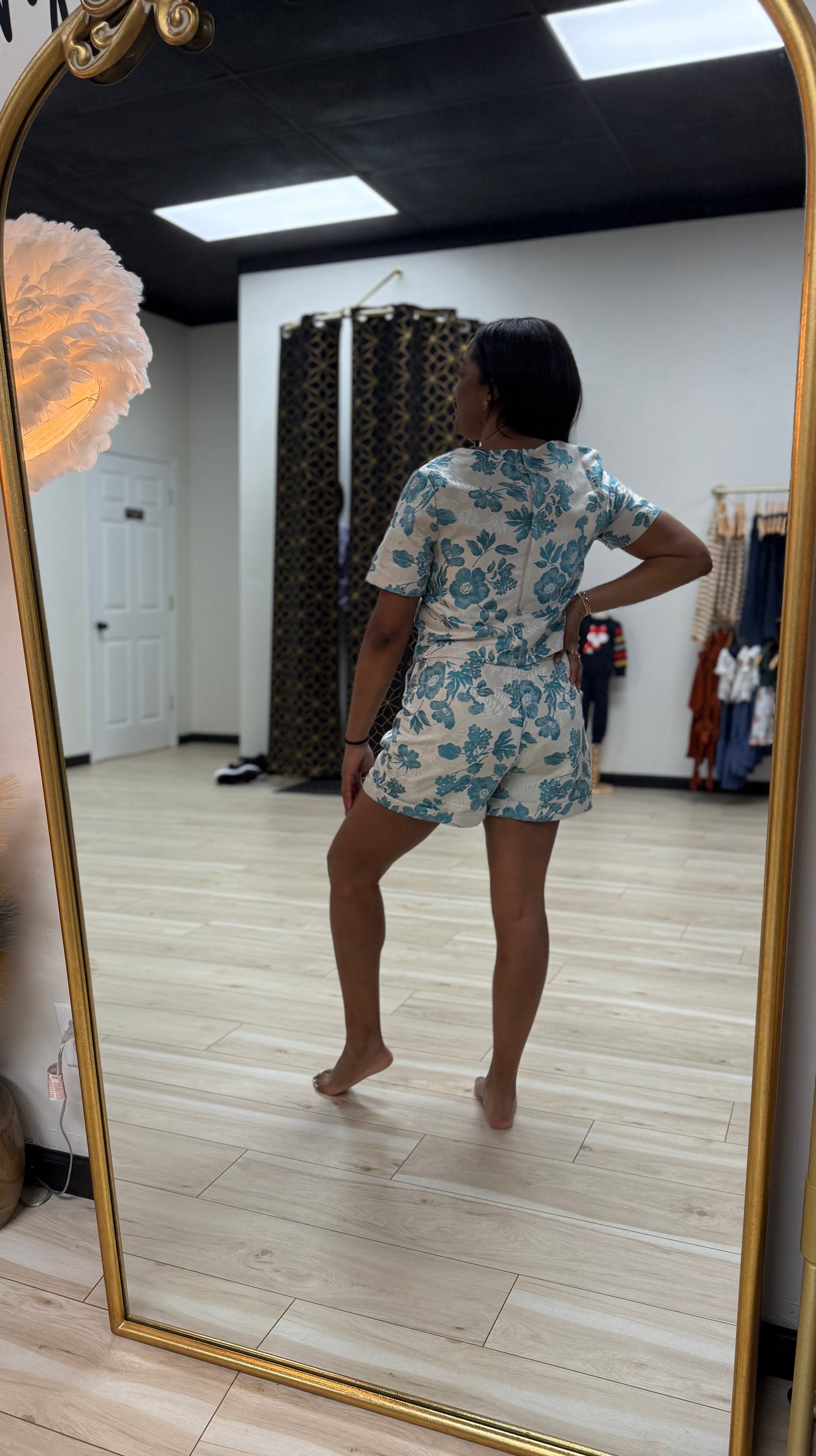 Blue Jacquard Flower Short Set