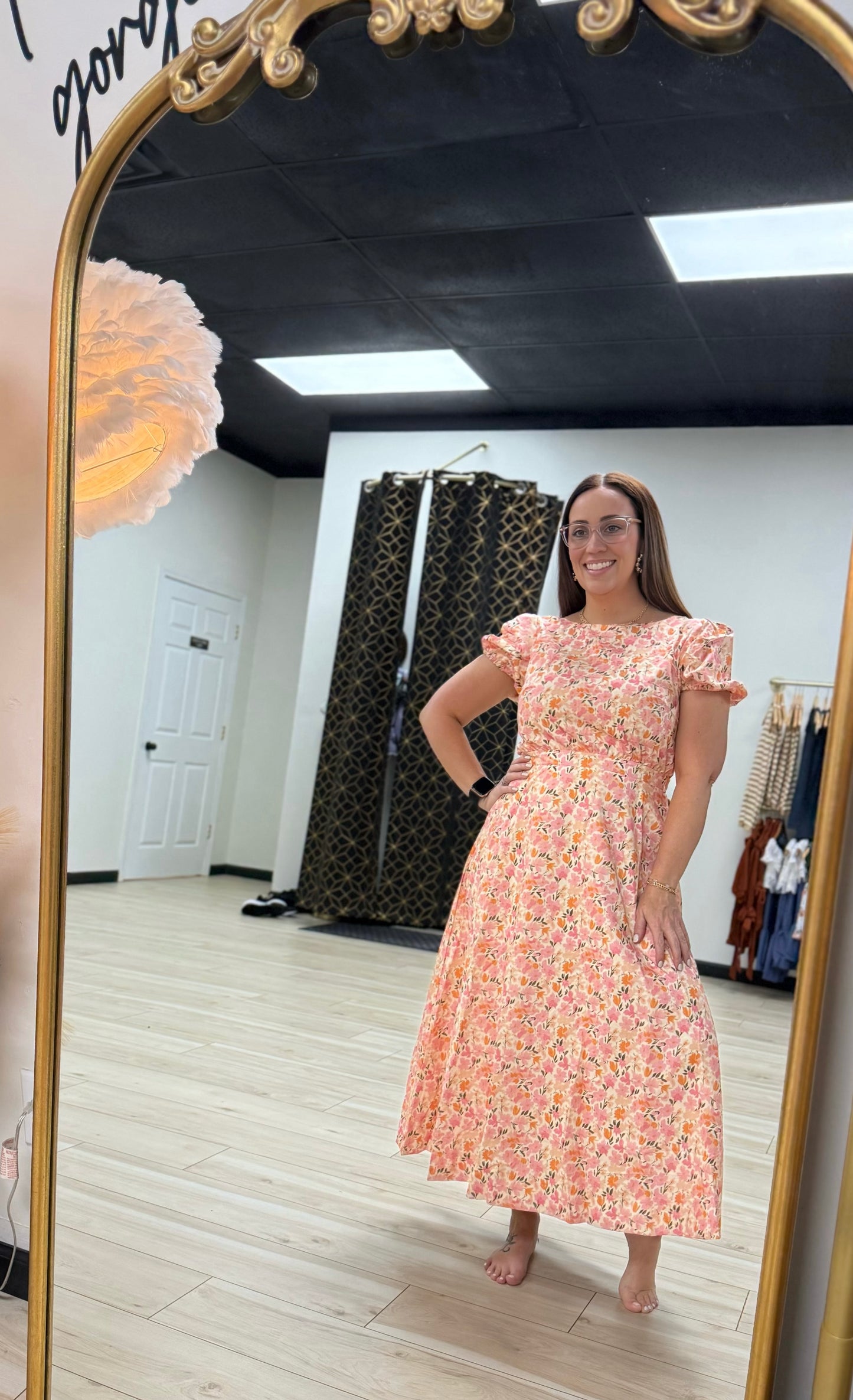 Flower Boat Neck Midi Dress