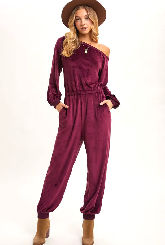 Velvet One Shoulder Jumpsuit
