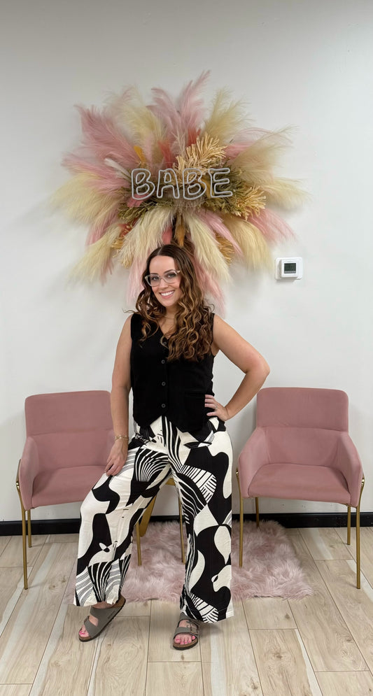Abstract Black & Cream Wide Leg Pants